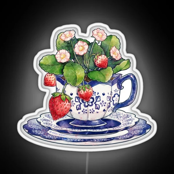 Teacup With Strawberry Plant RGB Neon Sign