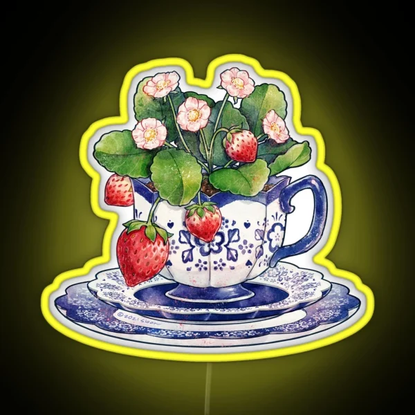 Teacup With Strawberry Plant RGB Neon Sign