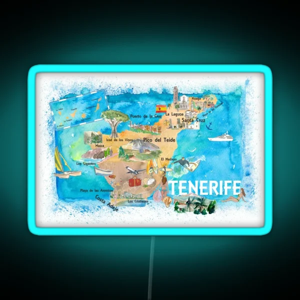 Tenerife Canarias Spain Illustrated Map With RGB Neon Sign