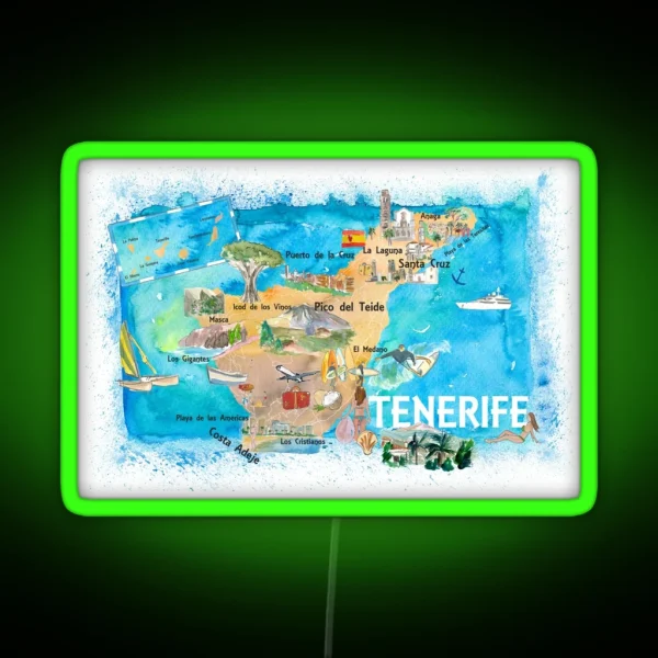 Tenerife Canarias Spain Illustrated Map With RGB Neon Sign