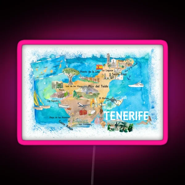 Tenerife Canarias Spain Illustrated Map With RGB Neon Sign