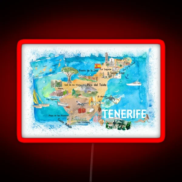 Tenerife Canarias Spain Illustrated Map With RGB Neon Sign