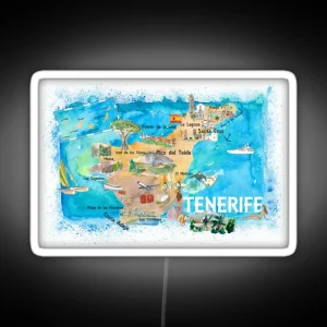 Tenerife Canarias Spain Illustrated Map With Landmarks And Highlights RGB Neon Sign