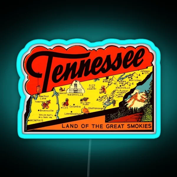 Tennessee TN State Map Vintage Travel Decal RGB Neon Sign