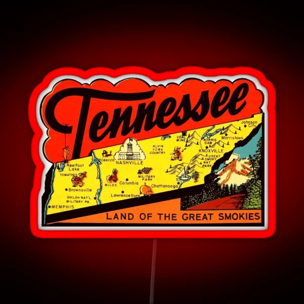 Tennessee TN State Map Vintage Travel Decal RGB Neon Sign