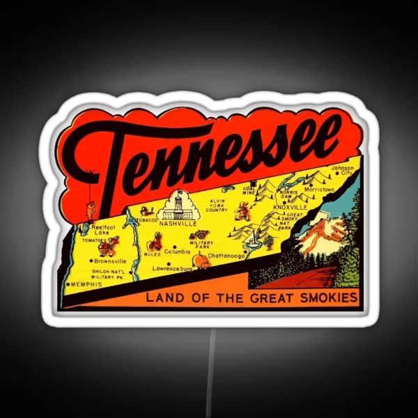 Tennessee TN State Map Vintage Travel Decal RGB Neon Sign