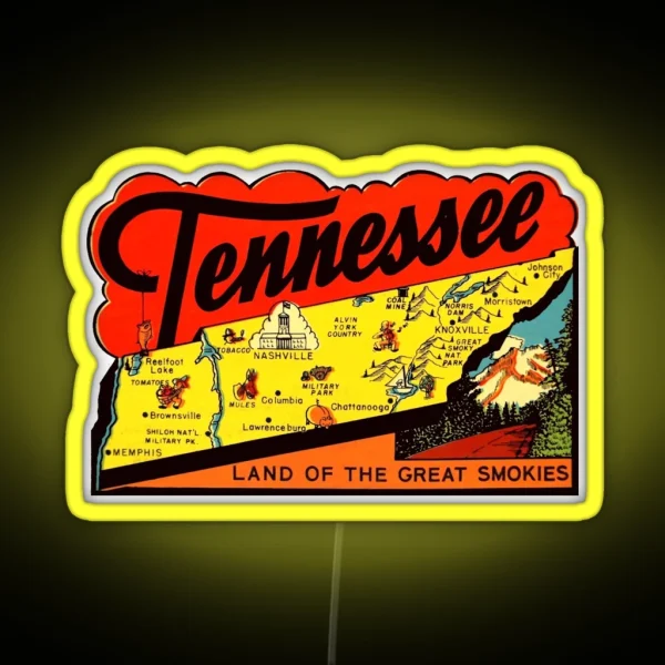 Tennessee TN State Map Vintage Travel Decal RGB Neon Sign