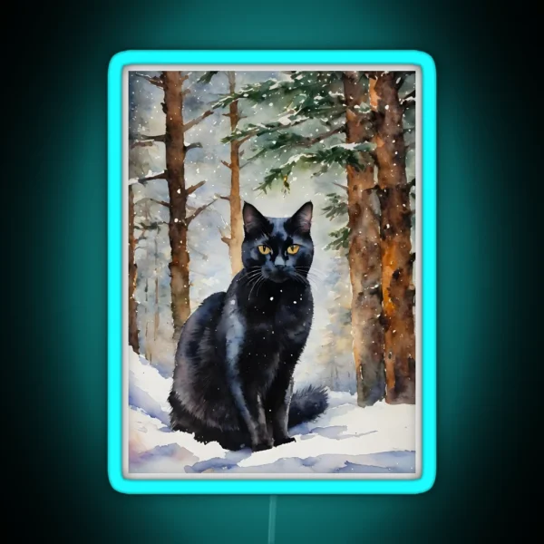 The Black Cat In Winter Forest At Yule RGB Neon Sign