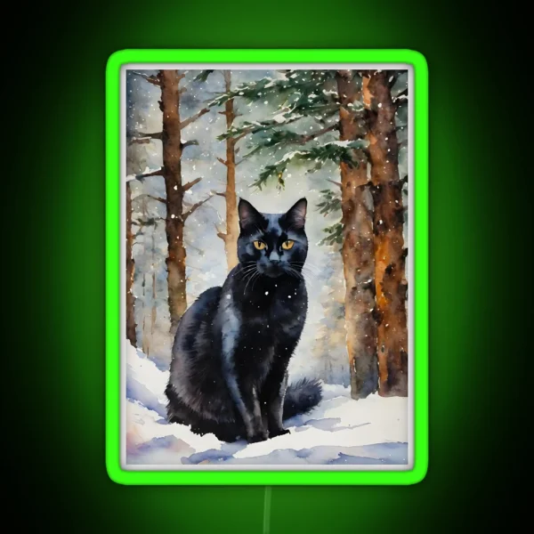 The Black Cat In Winter Forest At Yule RGB Neon Sign