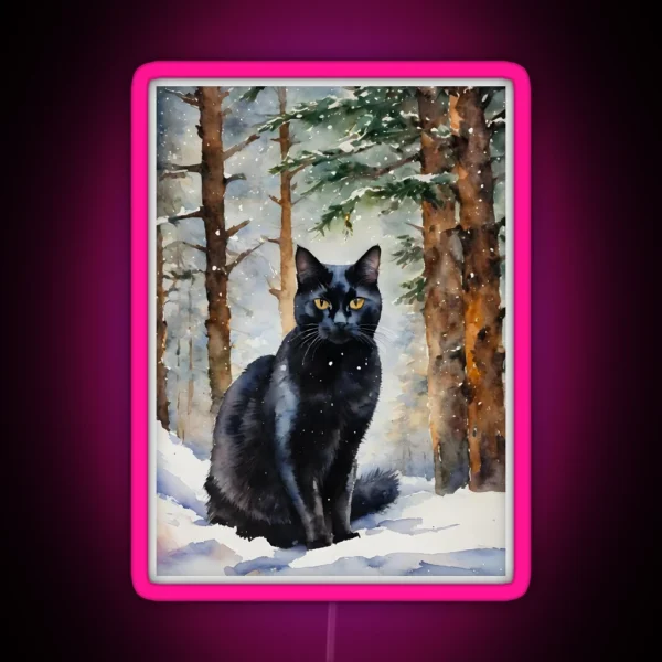 The Black Cat In Winter Forest At Yule RGB Neon Sign