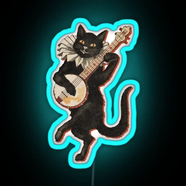 The Black Cat Vintage Illustration Of Cat Dancing And RGB Neon Sign