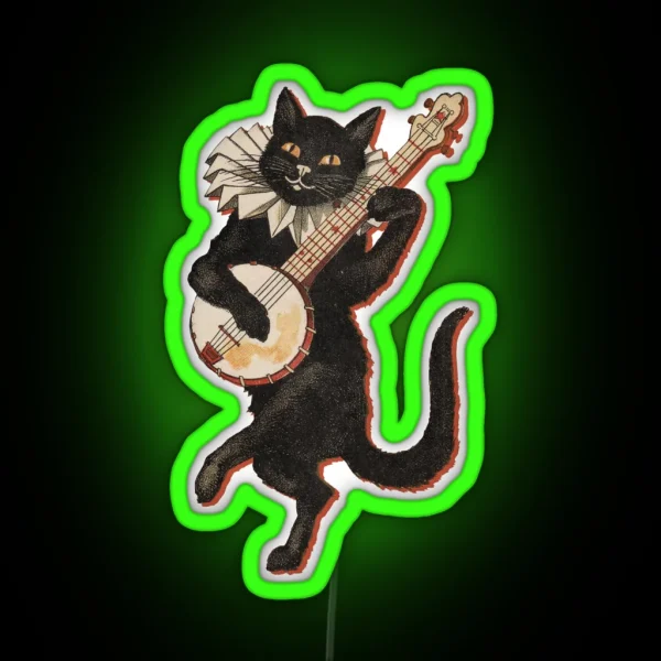 The Black Cat Vintage Illustration Of Cat Dancing And RGB Neon Sign
