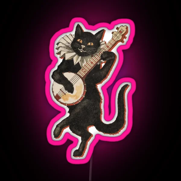 The Black Cat Vintage Illustration Of Cat Dancing And RGB Neon Sign
