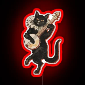 The Black Cat Vintage Illustration Of Cat Dancing And Playing The Banjo 1896 RGB Neon Sign