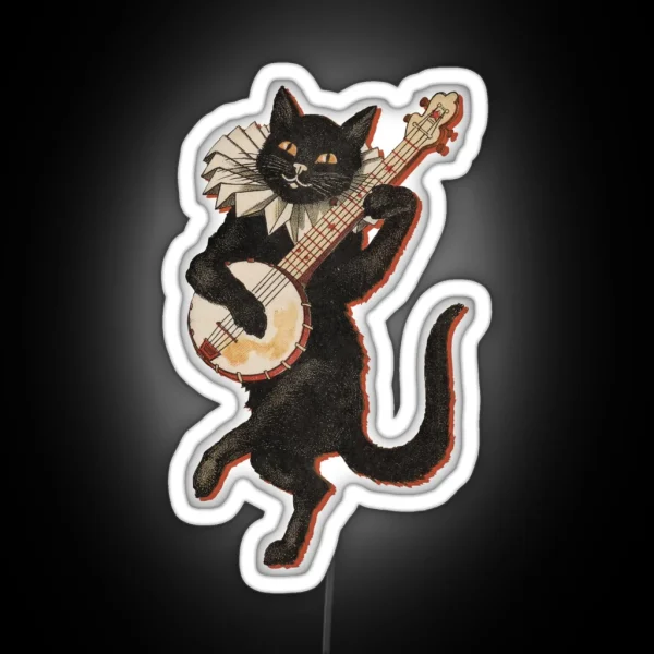 The Black Cat Vintage Illustration Of Cat Dancing And RGB Neon Sign
