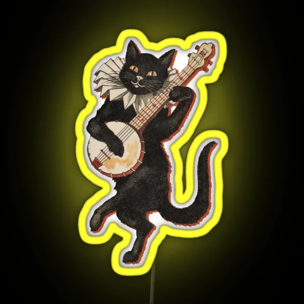 The Black Cat Vintage Illustration Of Cat Dancing And RGB Neon Sign