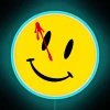 Colorful comedian badge illuminated with vibrant RGB neon light effects