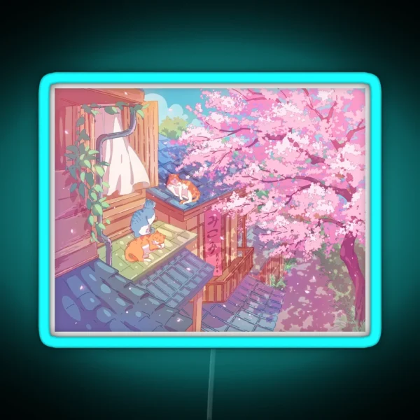 The Cute Cats Rooftops And Pink Cherry Blossom RGB Neon Sign