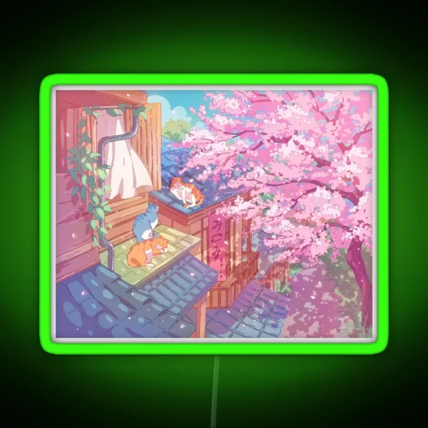 The Cute Cats Rooftops And Pink Cherry Blossom RGB Neon Sign