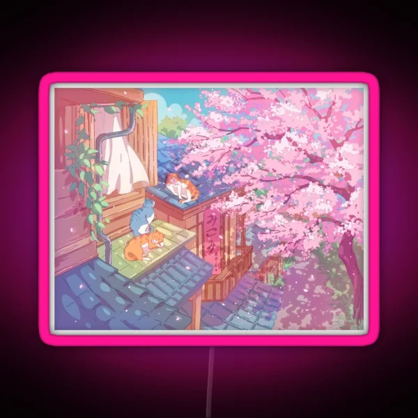 The Cute Cats Rooftops And Pink Cherry Blossom RGB Neon Sign