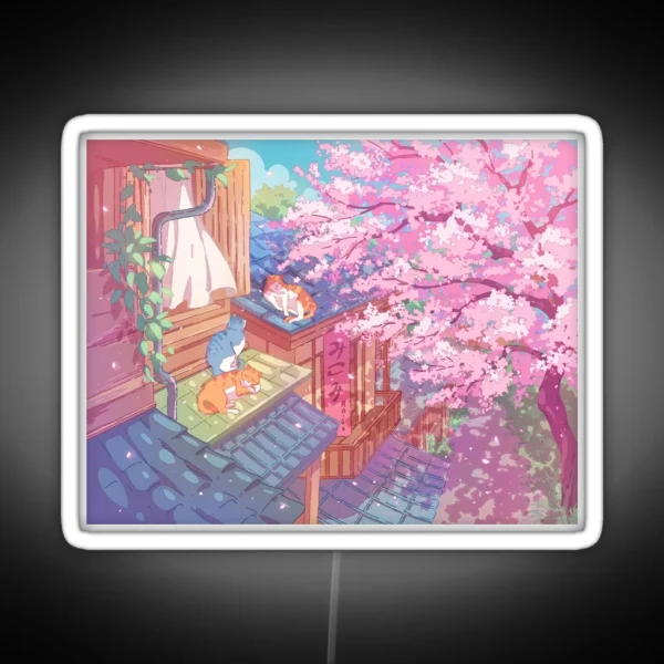 The Cute Cats Rooftops And Pink Cherry Blossom RGB Neon Sign