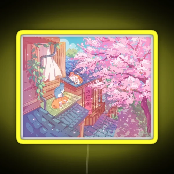 The Cute Cats Rooftops And Pink Cherry Blossom RGB Neon Sign