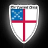 Traditional Episcopal Church Shield Symbol in Vibrant Neon Sign Artwork