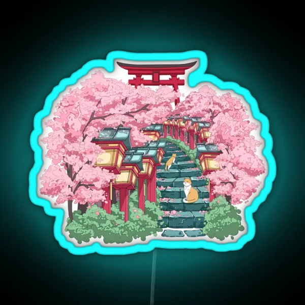 The Japanese Shrine Cats And Pink Sakura RGB Neon Sign