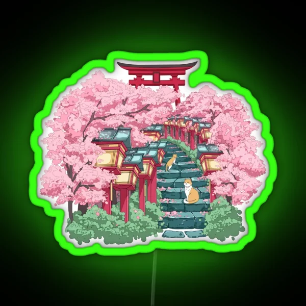 The Japanese Shrine Cats And Pink Sakura RGB Neon Sign