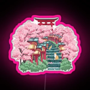 The Japanese Shrine Cats And Pink Sakura Blossom RGB Neon Sign