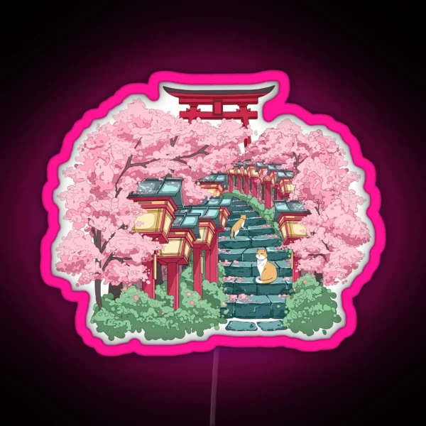 The Japanese Shrine Cats And Pink Sakura RGB Neon Sign