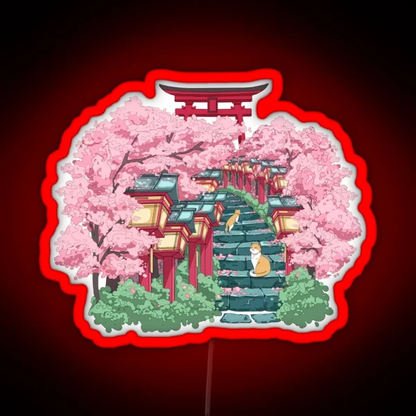 The Japanese Shrine Cats And Pink Sakura RGB Neon Sign