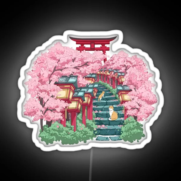 The Japanese Shrine Cats And Pink Sakura RGB Neon Sign