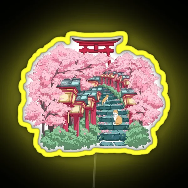 The Japanese Shrine Cats And Pink Sakura RGB Neon Sign