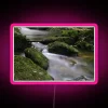 Colorful moss rocks and stream illuminated by vibrant RGB lighting
