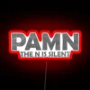 Elegant retro vibes with humorous 'The Pam Pan Situation' neon lighting.