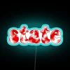 Psychedelic tie-dye state red accents shine bright in neon lighting.