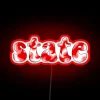 Vibrant neon tie-dye design states of America with electric red glow.