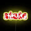 Vibrant tie-dye effect red LED state sign with multicolor RGB glow