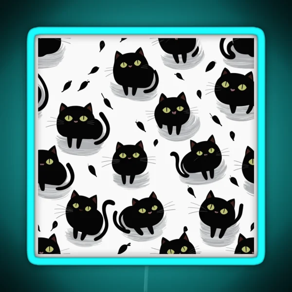 Tiny Black Playful Cats Seamless Pattern RGB Neon Sign