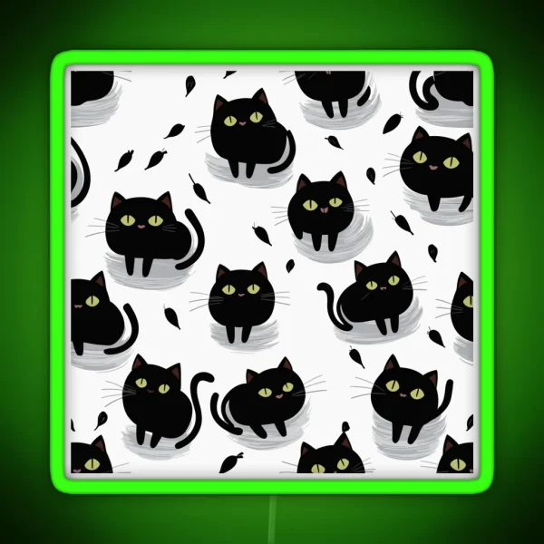 Tiny Black Playful Cats Seamless Pattern RGB Neon Sign