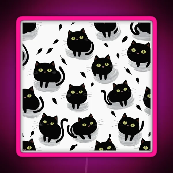 Tiny Black Playful Cats Seamless Pattern RGB Neon Sign