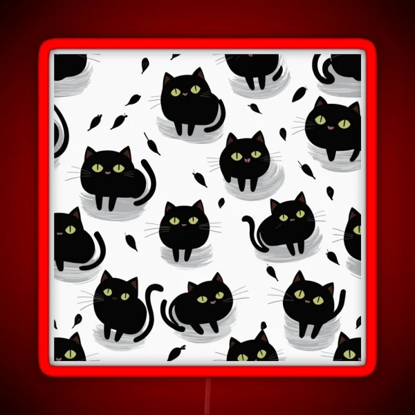 Tiny Black Playful Cats Seamless Pattern RGB Neon Sign