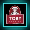 Neon Restaurant Sign, Brightly Glowing TOBY CARVERY Letters in Rgb