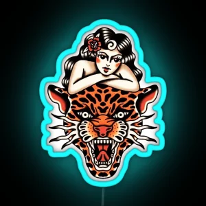 Traditional Beautiful Lady With Tiger Tattoo RGB Neon Sign