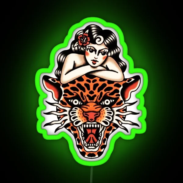 Traditional Beautiful Lady With Tiger Tattoo RGB Neon Sign