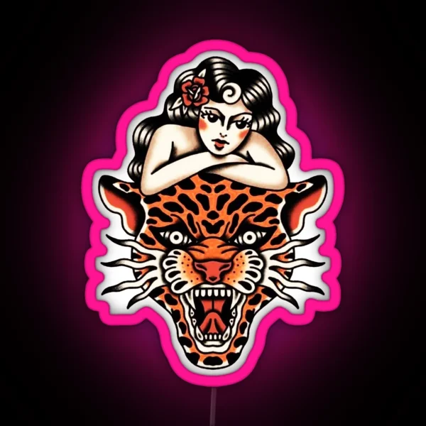 Traditional Beautiful Lady With Tiger Tattoo RGB Neon Sign