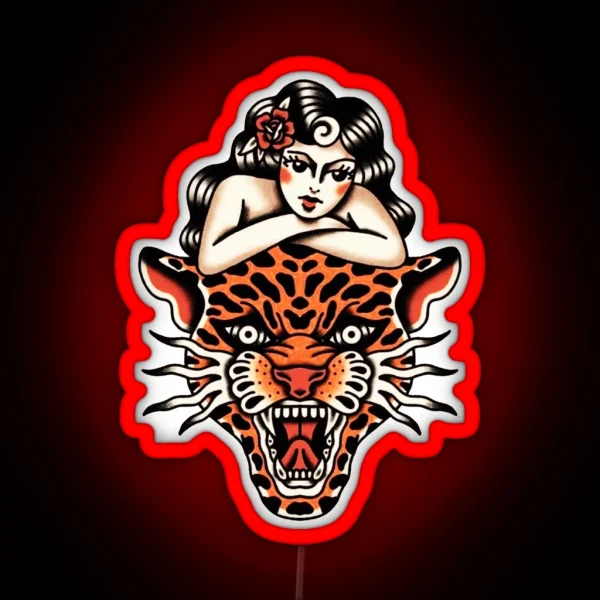 Traditional Beautiful Lady With Tiger Tattoo RGB Neon Sign