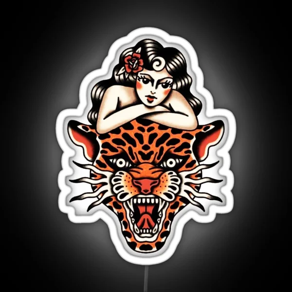 Traditional Beautiful Lady With Tiger Tattoo RGB Neon Sign