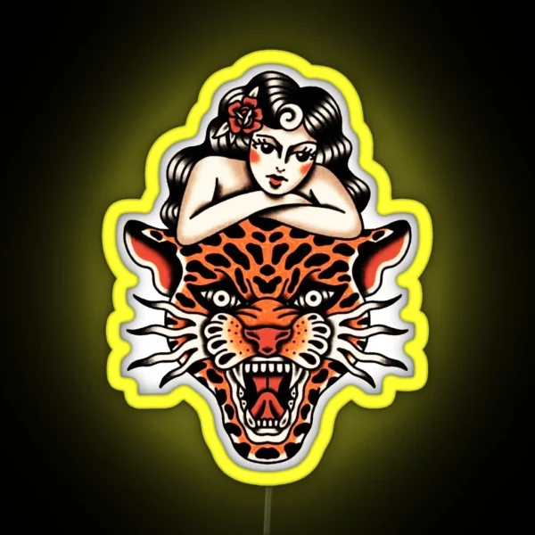 Traditional Beautiful Lady With Tiger Tattoo RGB Neon Sign